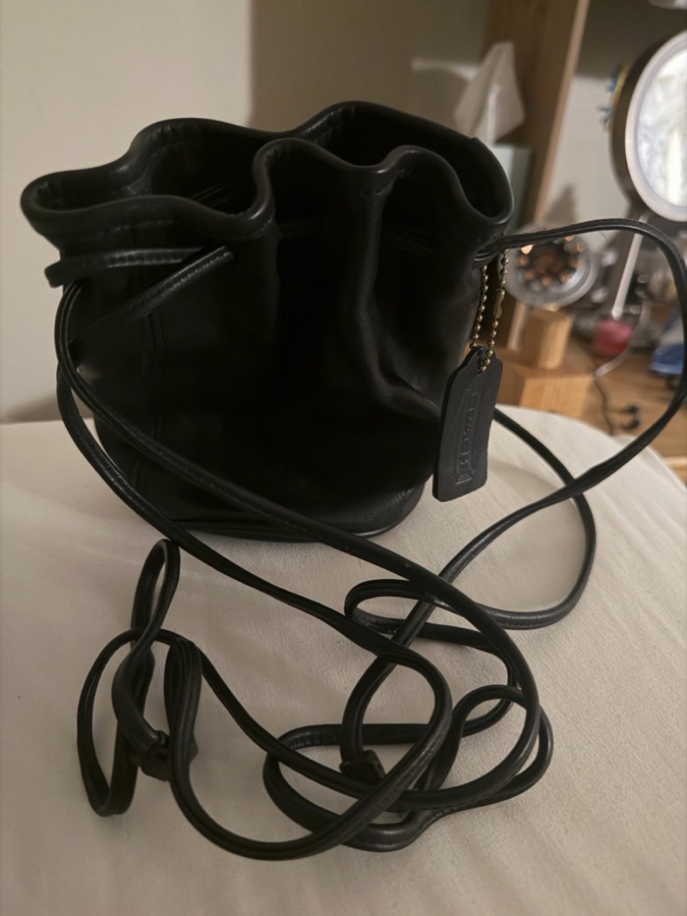 Coach Black Leather Mini Drawstring Crossbody Bag